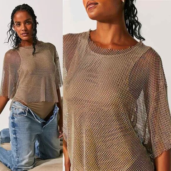 NEW Free People Filter Finish Bodysuit S $178 Iridescent Rhinestone Fishnet Mesh - Picture 7 of 9